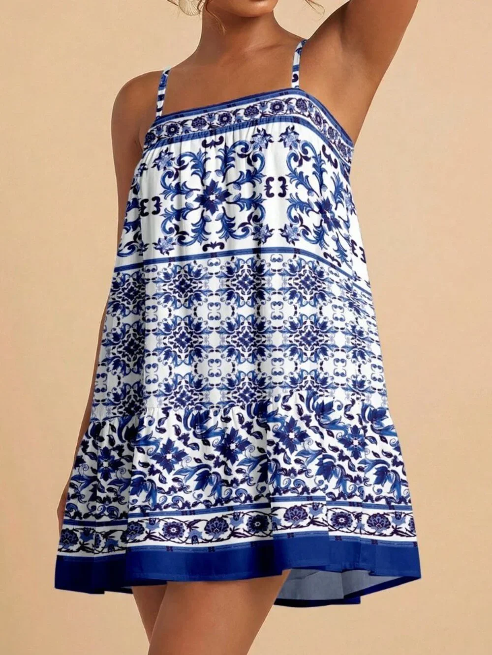 White Boho Women's Mediterranean Geometric Floral Spaghetti Strap Short Dress - Picture 6 of 8